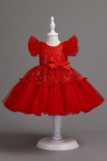 A Line Pescoço Redondo Vestido Vermelho de Menina